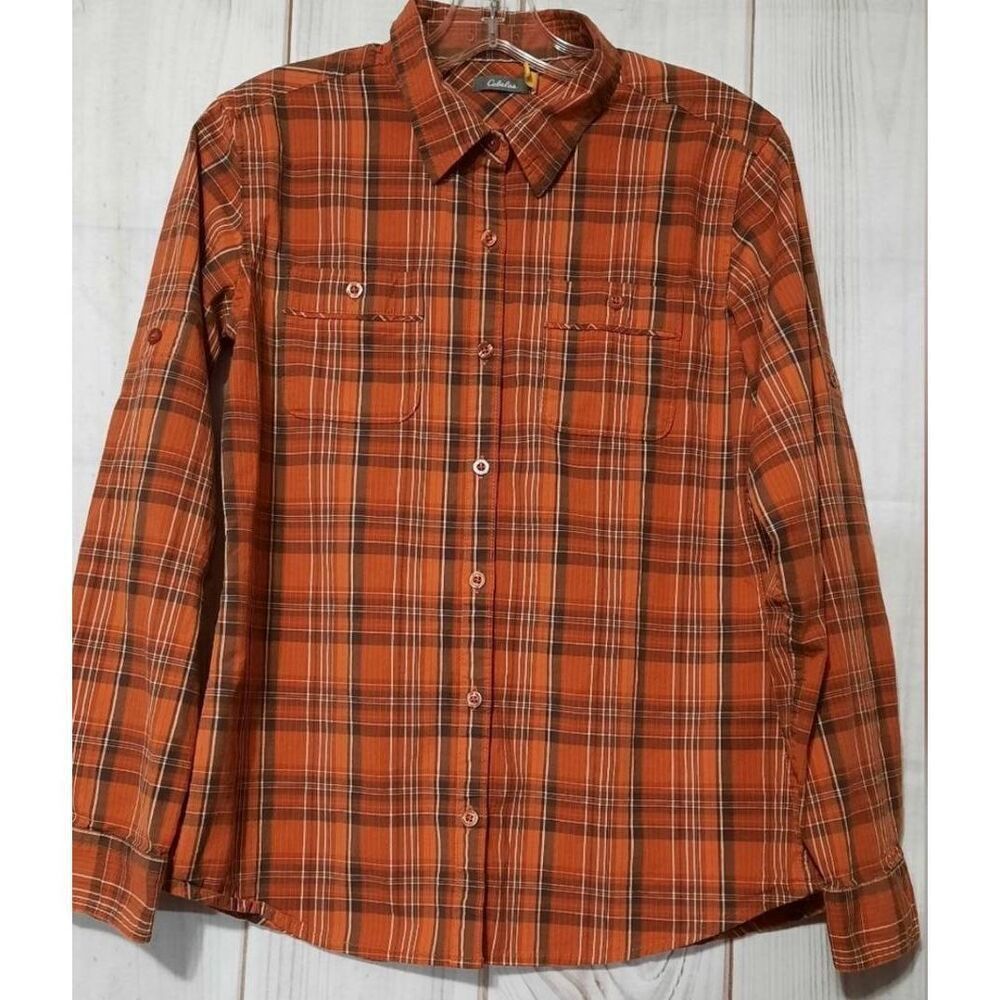 Cabela's Shirt Ladies Small Orange‎ Button Front Long Sleeve
